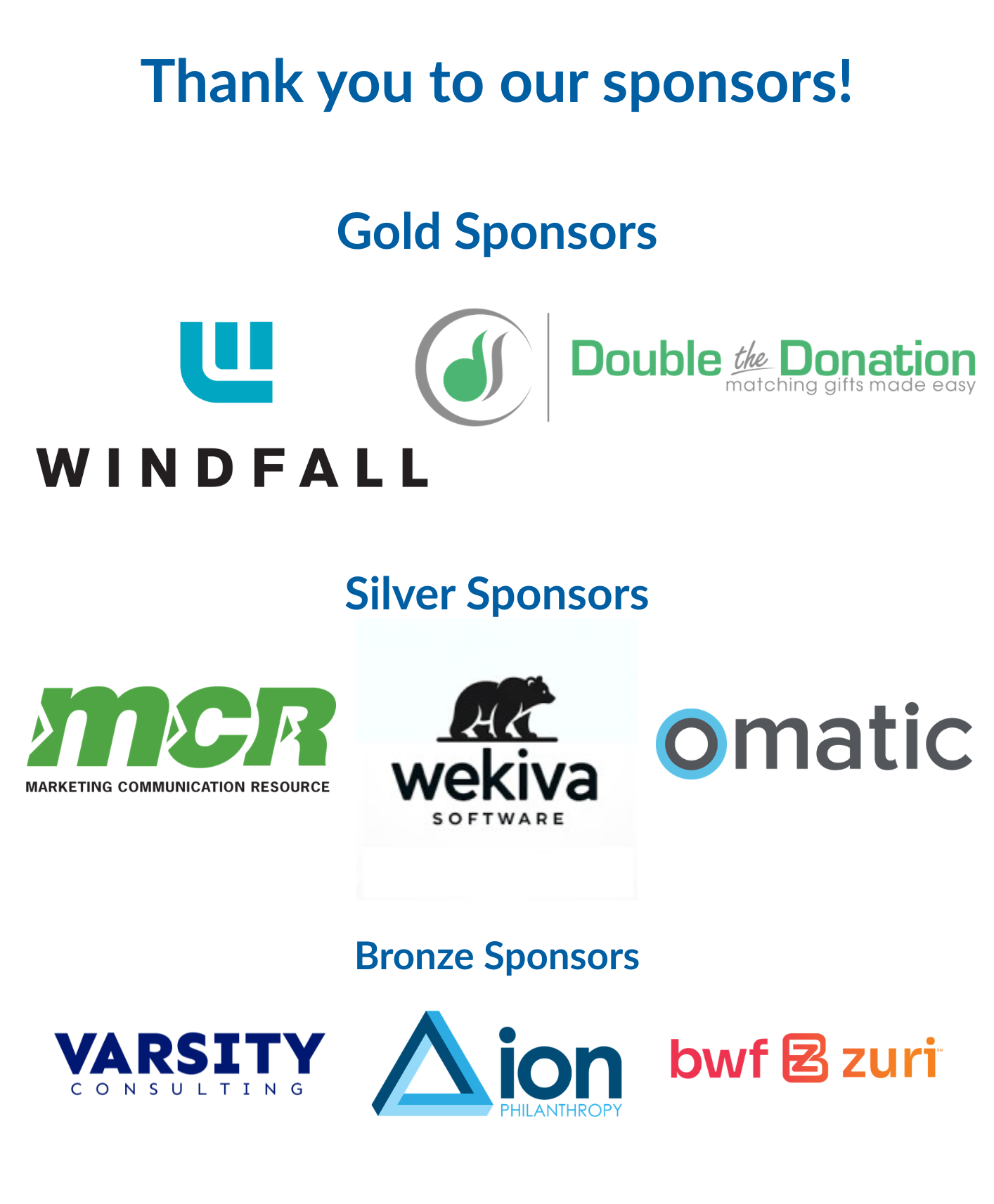Thank you to our GCPC 2026 sponsors: Gold Sponsors Windfall and Double the Donation; Silver Sponsors MCR, Wekiva Software, and Omatic; Bronze Sponsors Varsity Consulting, ion Philanthropy, bwf, and Zuri Group