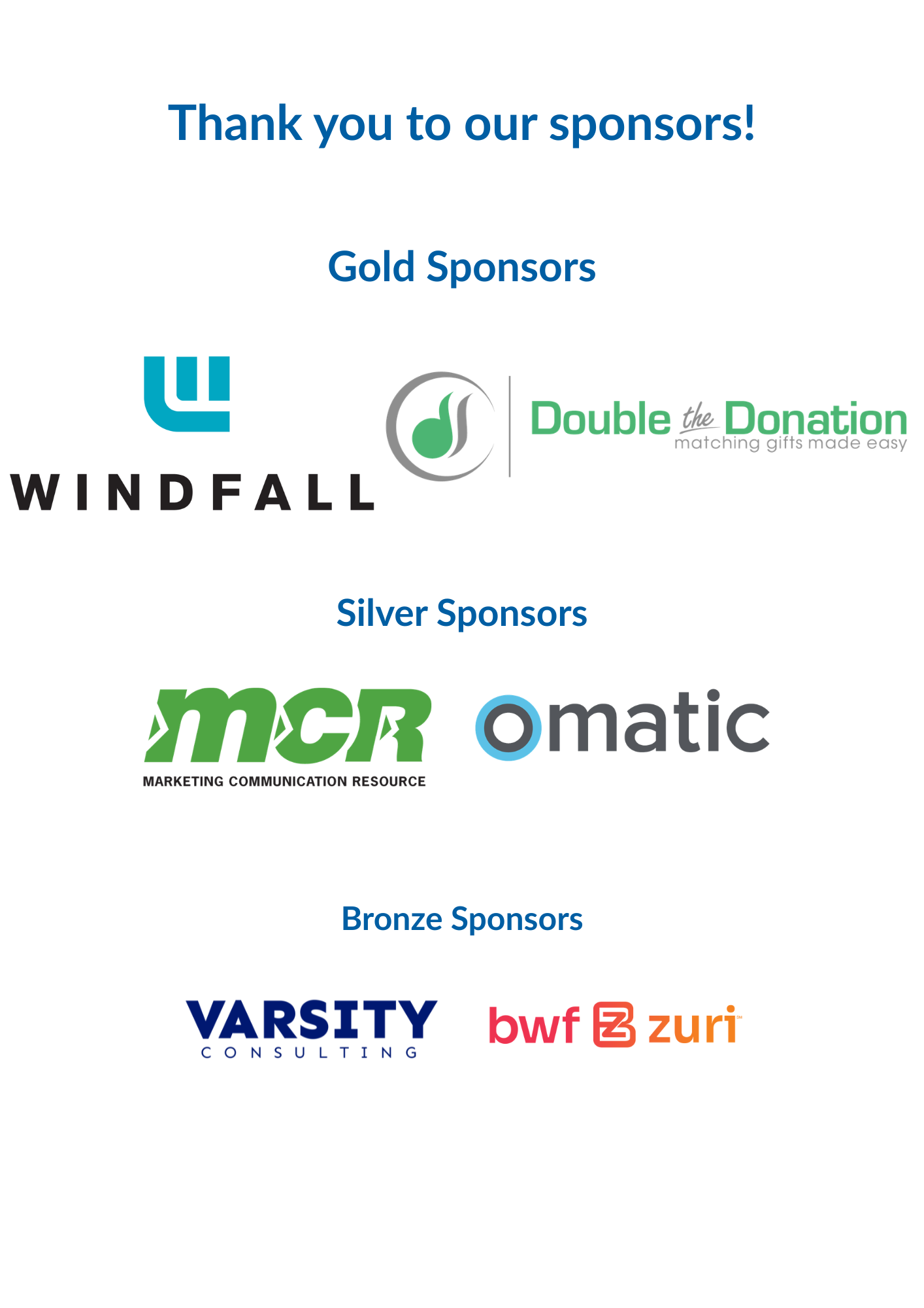 Thank you to our GCPC 2026 sponsors: Gold Sponsors Windfall and Double the Donation; Silver Sponsors MCR and Omatic; Bronze Sponsors Varsity Consulting, bwf, and Zuri Group